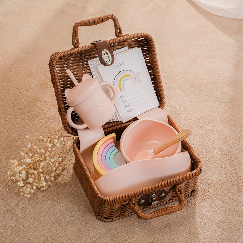 Vintage Cadeauset voor Baby – Geschenkmand met Siliconen Accessoires